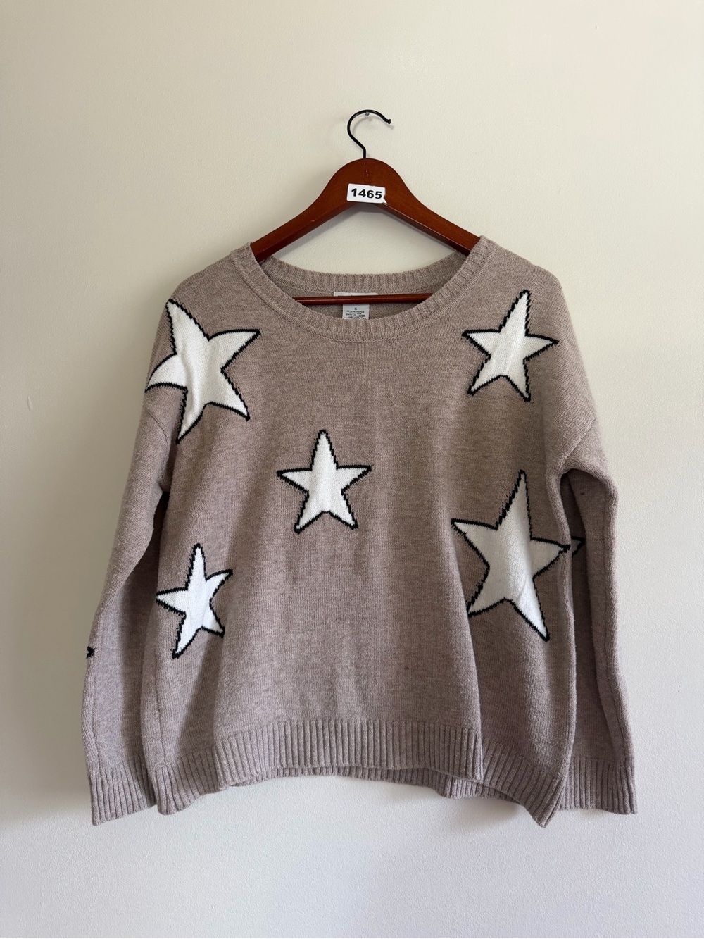 Sweet Romeo Taupe Crewneck Sweater with White Star Appliqués